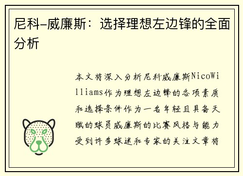 尼科-威廉斯：选择理想左边锋的全面分析